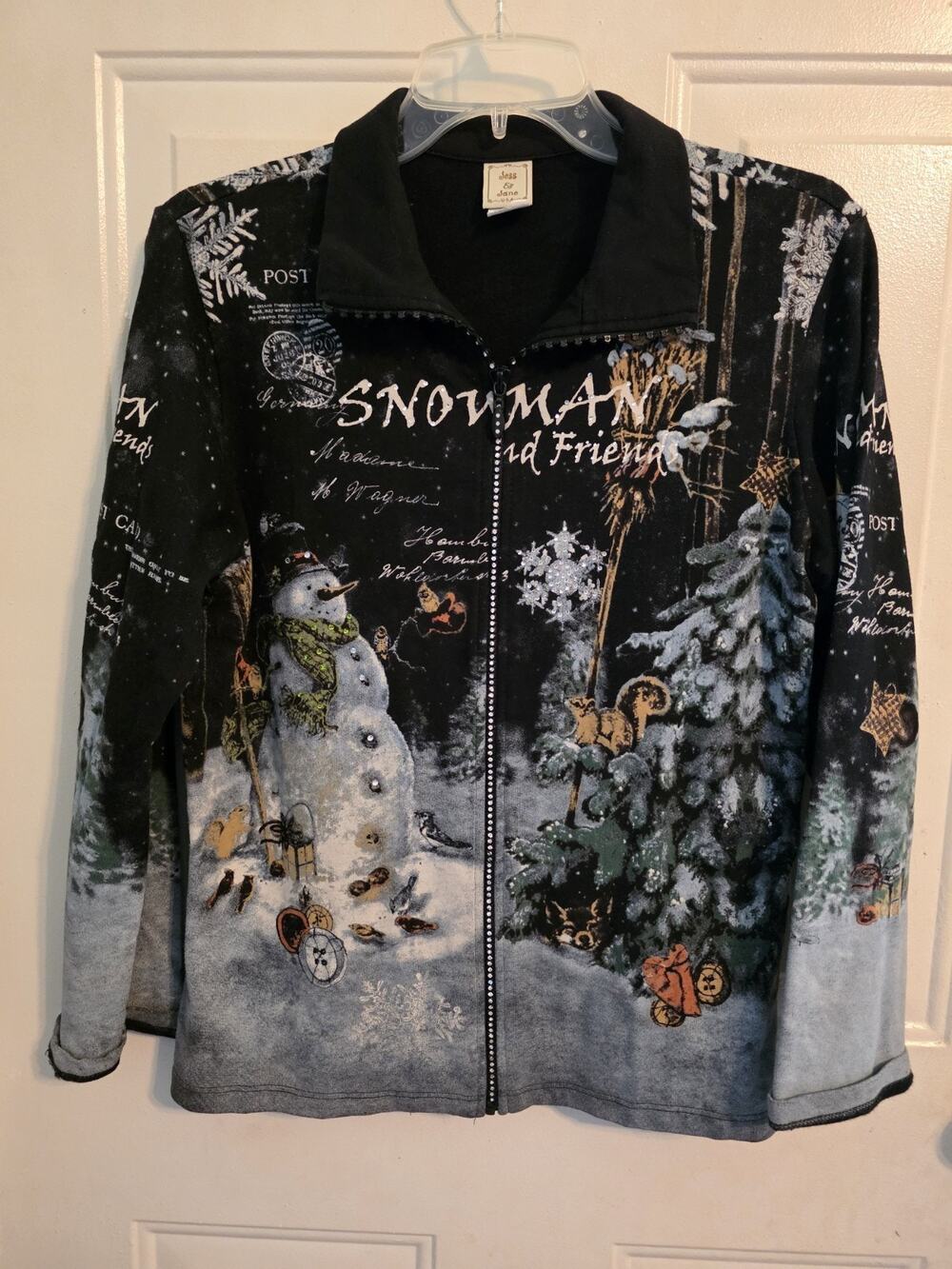 Vtg Jess and Jane Snowman Friends Zip Up Top Christmas Snow Scene Sz S USA Made